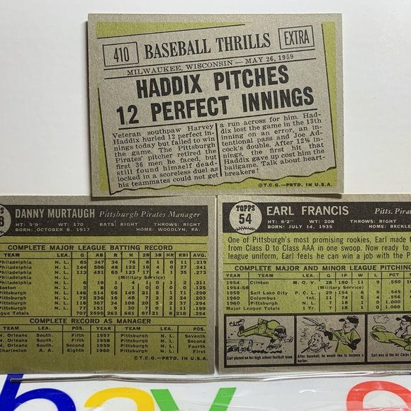 3- high grade! 1961 Topps Baseball Pittsburgh Pirates card lot #54, #138, #410 - Picture 2 of 2